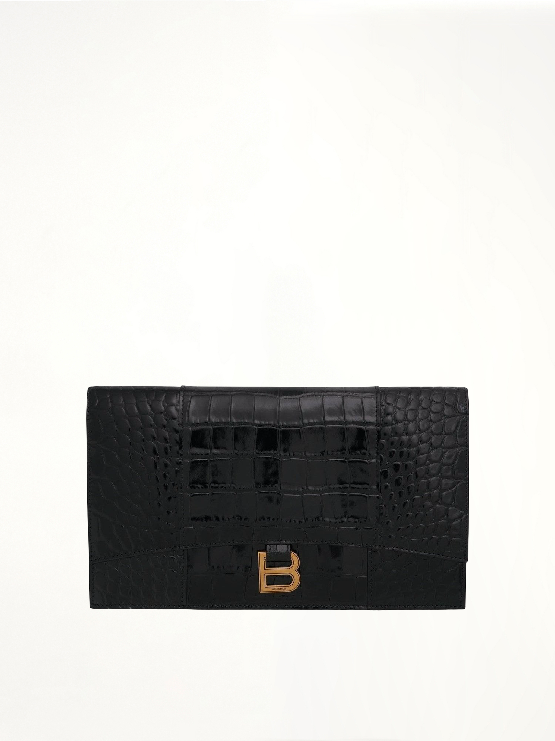 Image of Bags. Productname: BALENCIAGA Hourglass Flat Pouch With Flap in Black colour by brand - BALENCIAGA