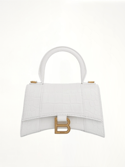 Image of Bags. Productname: BALENCIAGA Hourglass XS Croco Embossed Bag in White colour by brand - BALENCIAGA