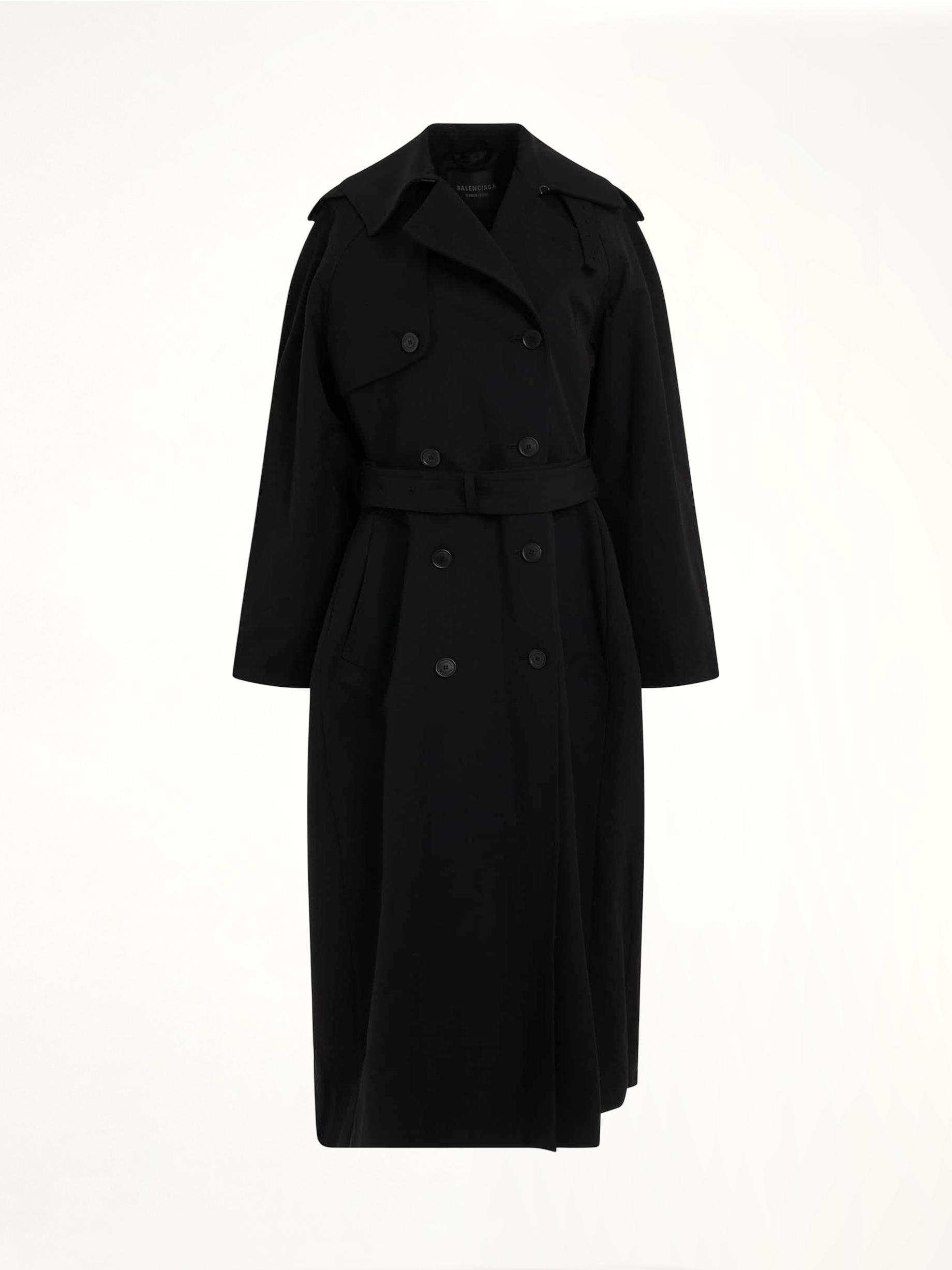 Image of a model wearing Outerwear. Productname: BALENCIAGA Hourglass Trench Coat in BLACK colour by brand - BALENCIAGA