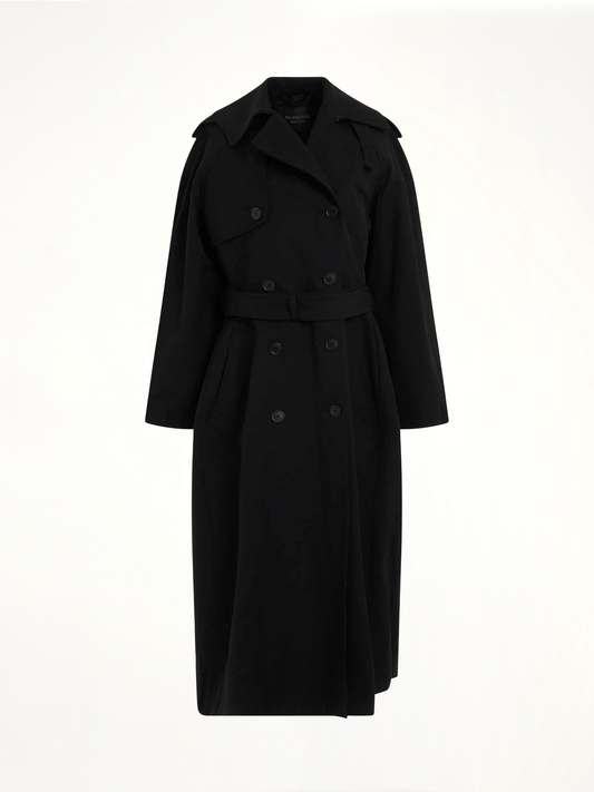 Image of a model wearing Outerwear. Productname: BALENCIAGA Hourglass Trench Coat in BLACK colour by brand - BALENCIAGA