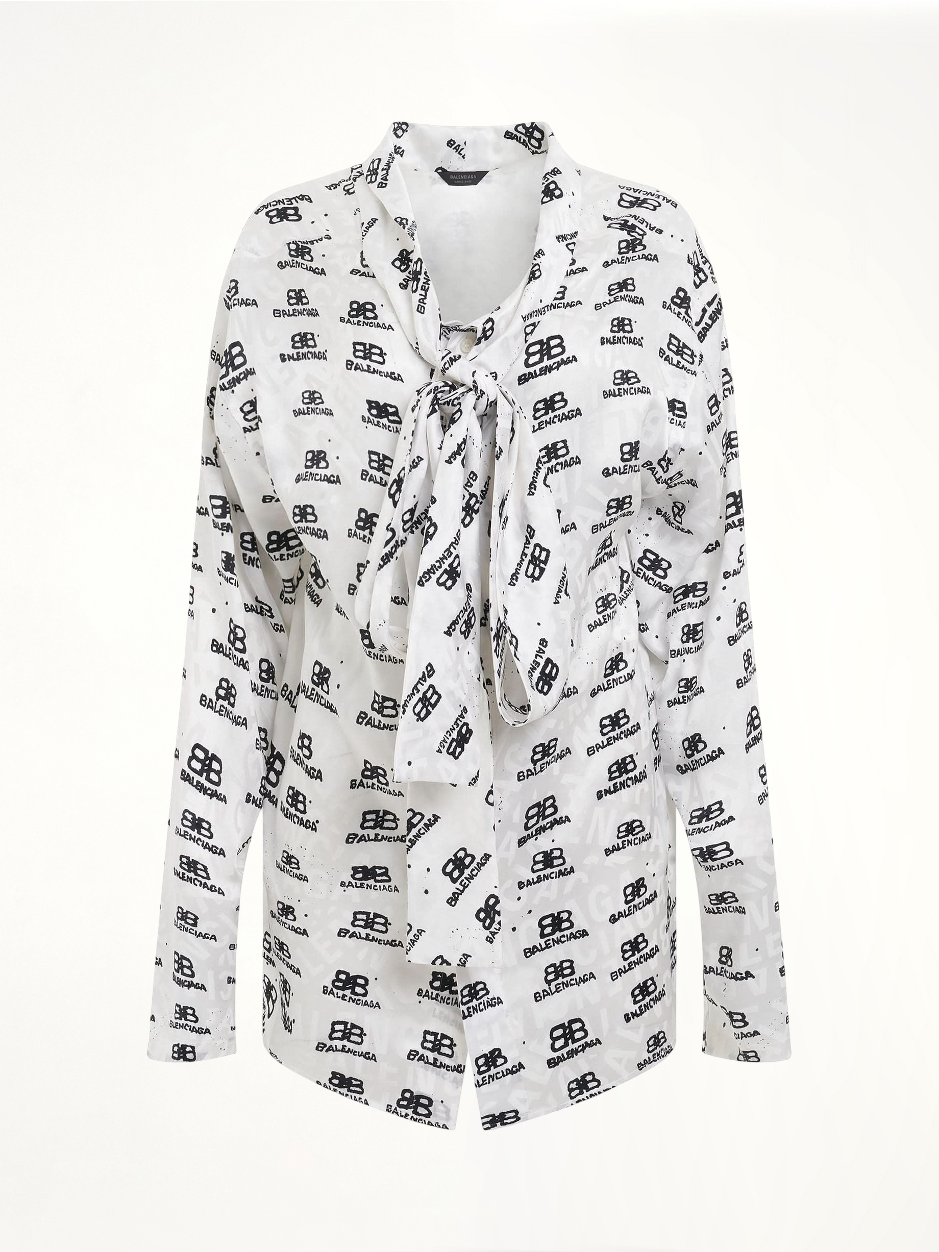 Image of a model wearing Tops. Productname: BALENCIAGA Jacquard Silk Shirt in WHITE colour by brand - BALENCIAGA