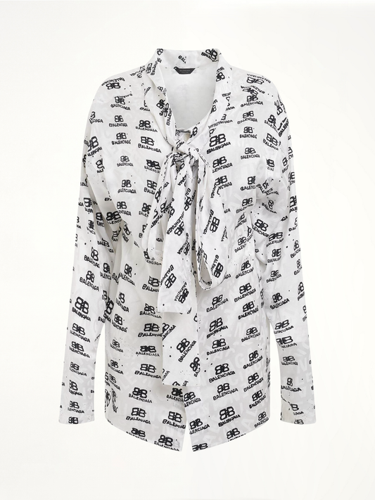 Image of a model wearing Tops. Productname: BALENCIAGA Jacquard Silk Shirt in WHITE colour by brand - BALENCIAGA