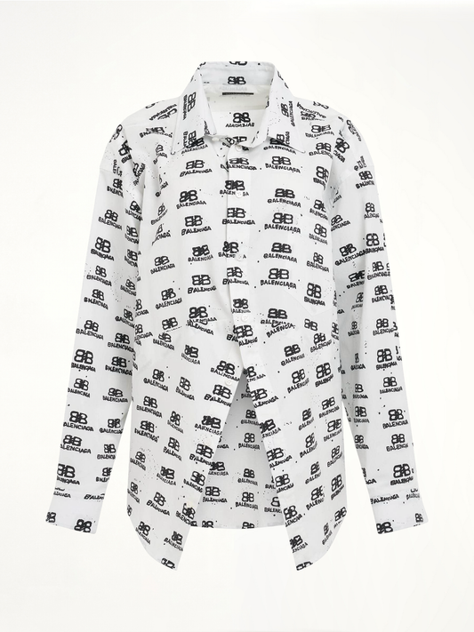 Image of a model wearing Tops. Productname: BALENCIAGA Hand Drawn BB Icon Swing Shirt in WHITE colour by brand - BALENCIAGA