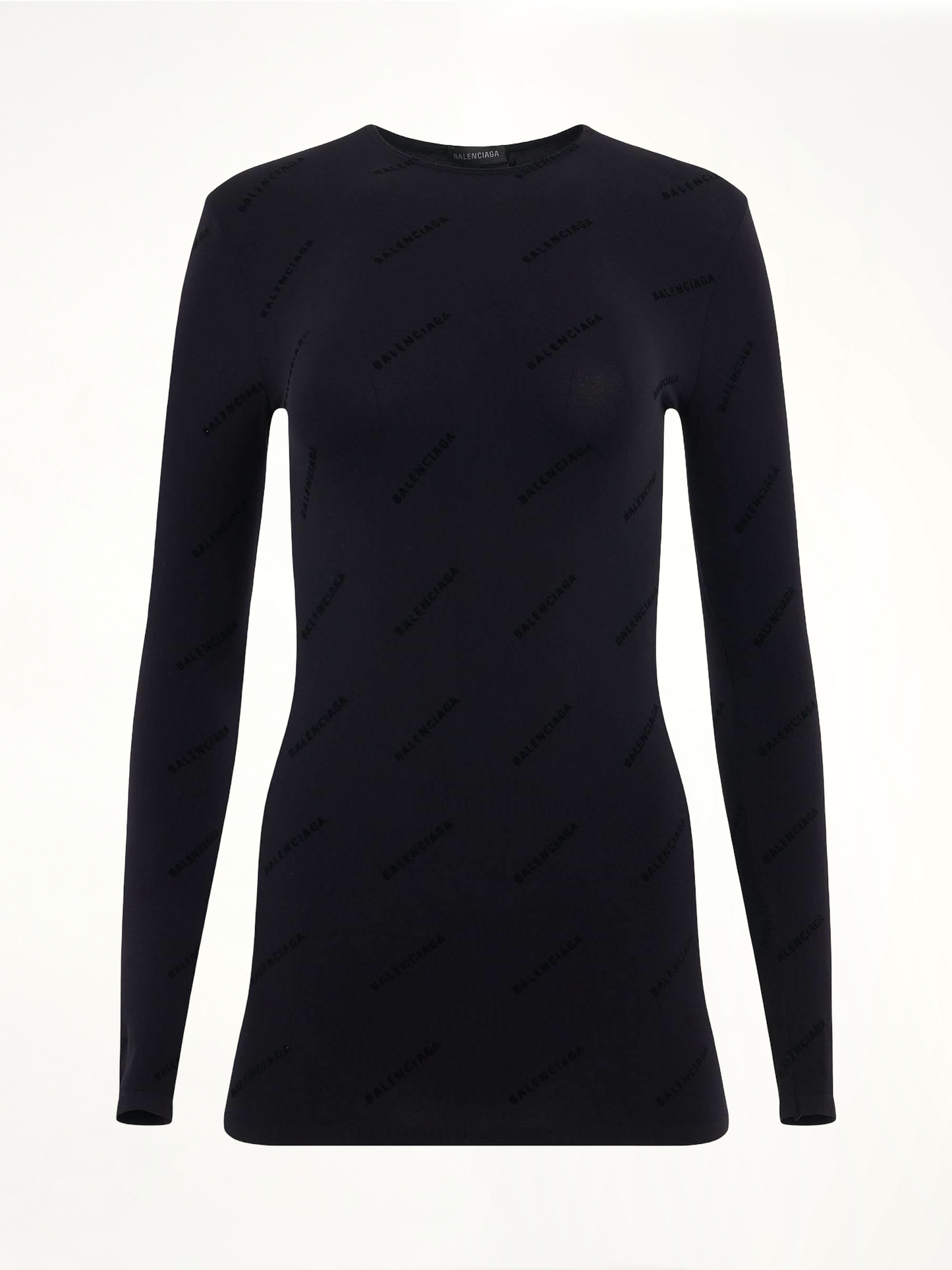 Image of a model wearing Outerwear. Productname: BALENCIAGA All Over Logo Flock Top in BLACK colour by brand - BALENCIAGA