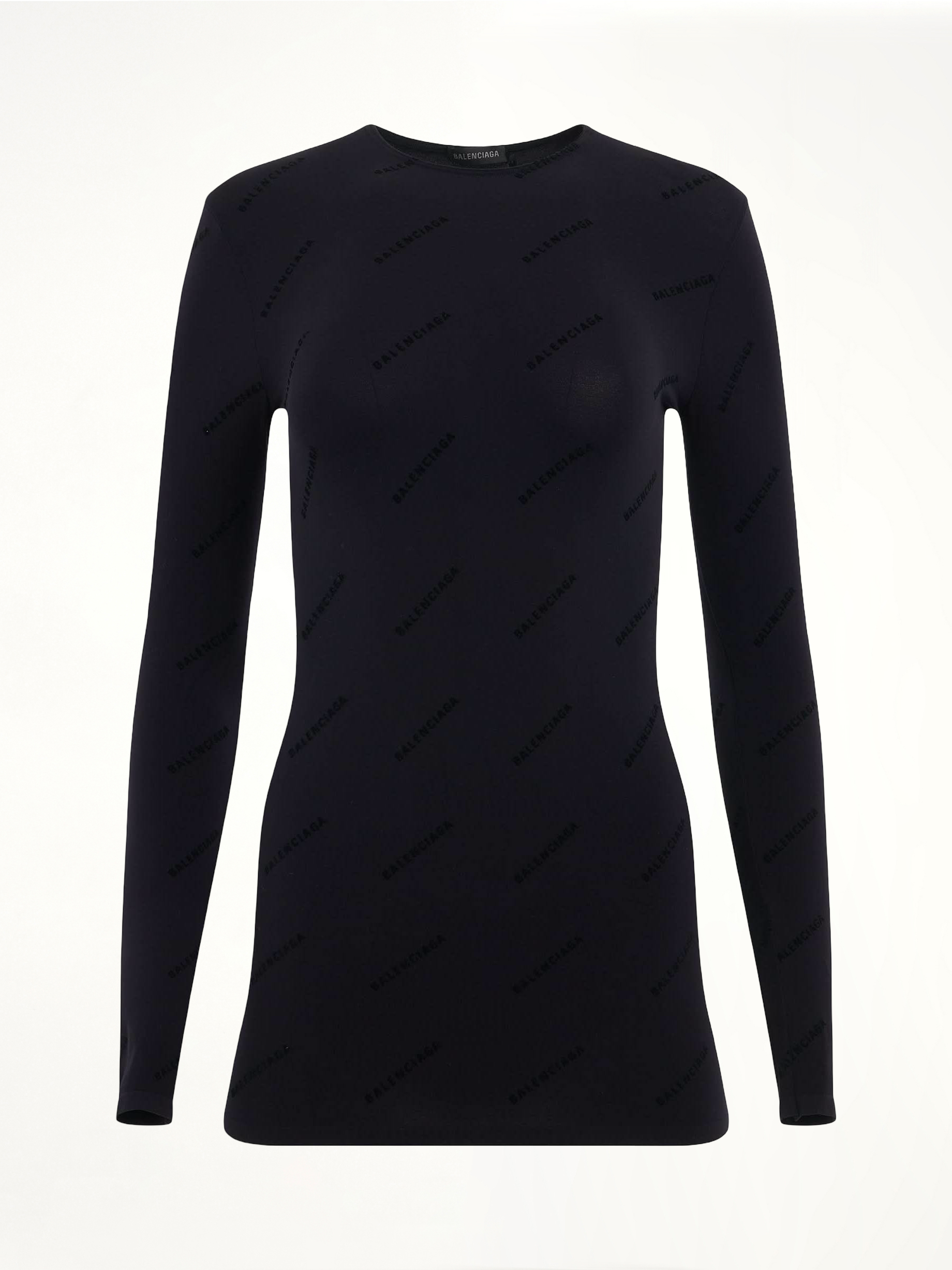 Image of a model wearing Outerwear. Productname: BALENCIAGA All Over Logo Flock Top in BLACK colour by brand - BALENCIAGA