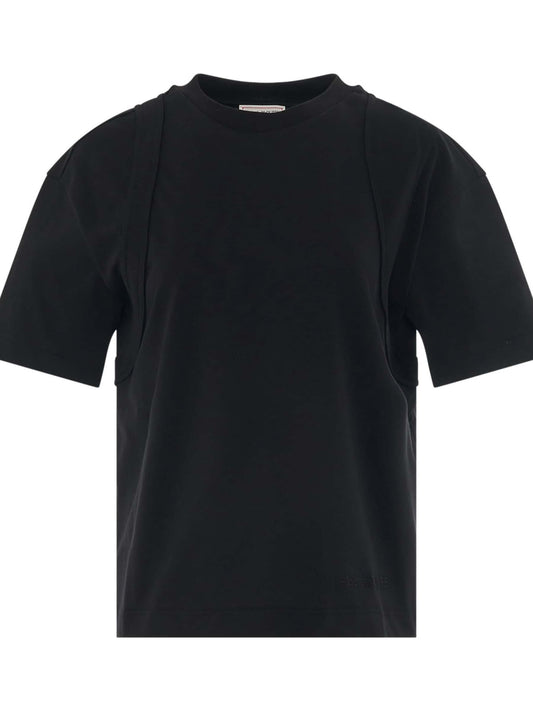 Image of a model wearing Tops. Productname: ALEXANDER MCQUEEN Harness T-Shirt in Black colour by brand - ALEXANDER MCQUEEN