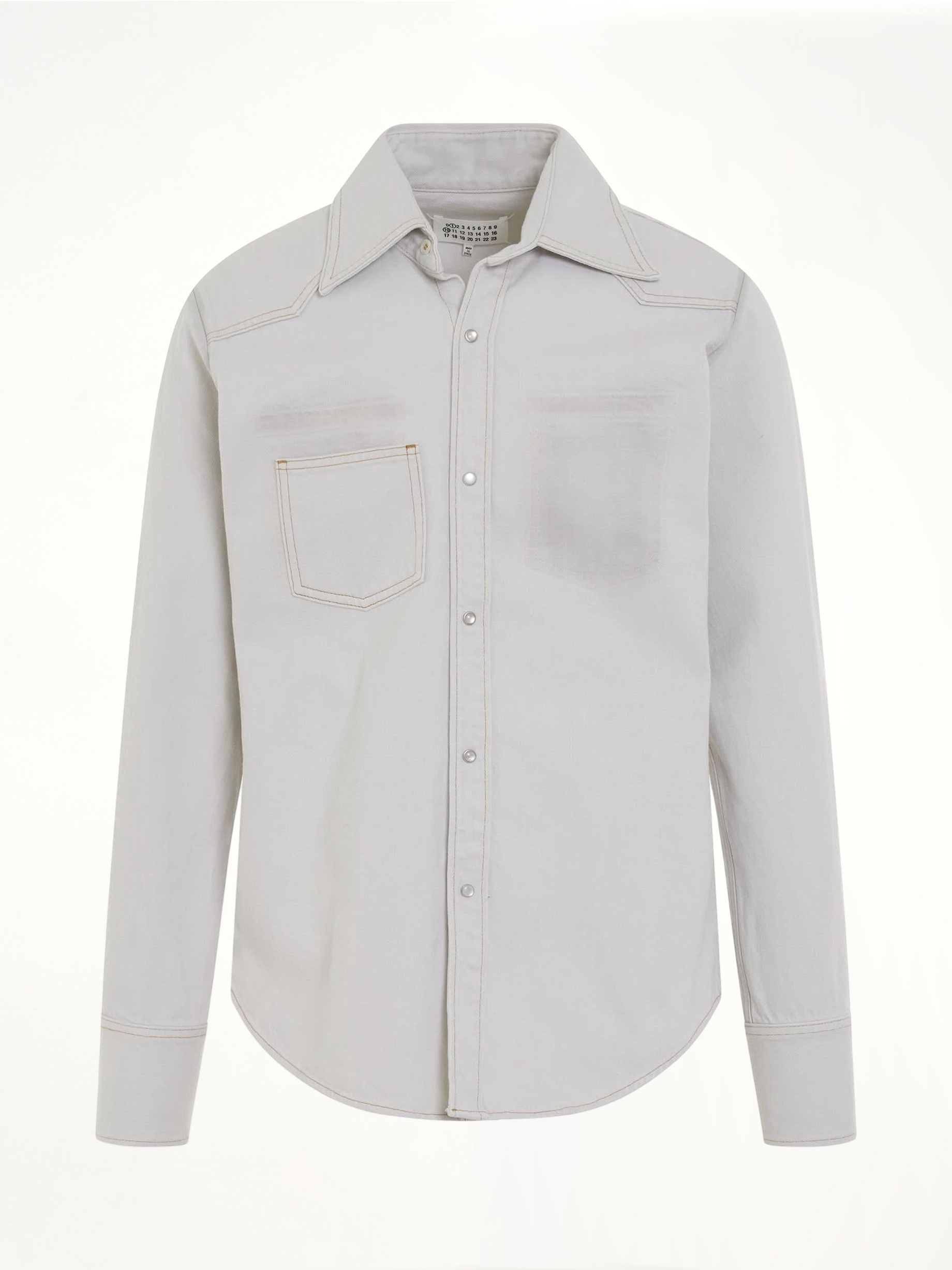 Image of a model wearing Tops. Productname: MAISON MARGIELA Chalk Selvedge Denim Shirt in BLUE colour by brand - MAISON MARGIELA