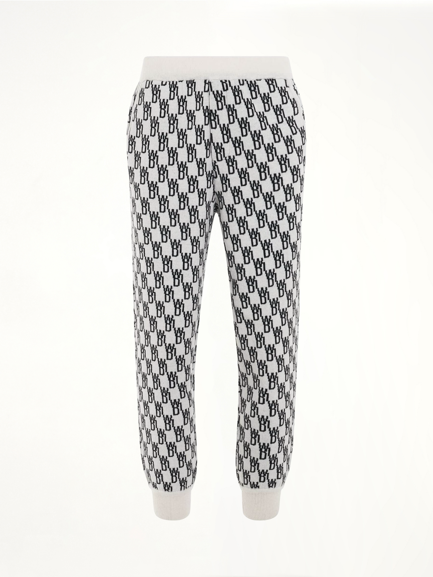 Image of a model wearing Pants. Productname: WE11DONE Logo Knit Jacquard Trouser in White colour by brand - WE11DONE