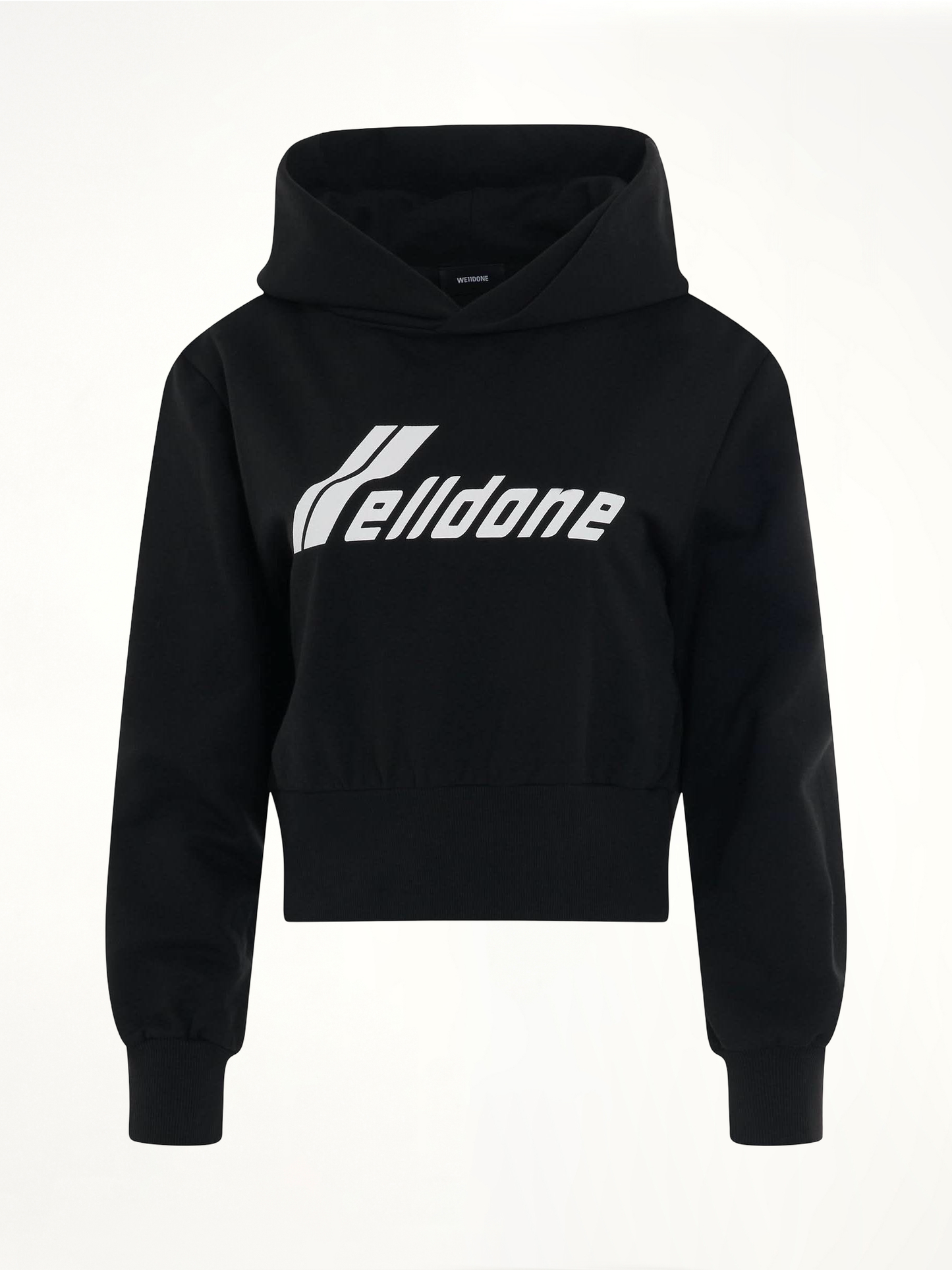 Image of a model wearing Outerwear. Productname: WE11DONE Lettering Symbol Crop Hoodie in Black colour by brand - WE11DONE