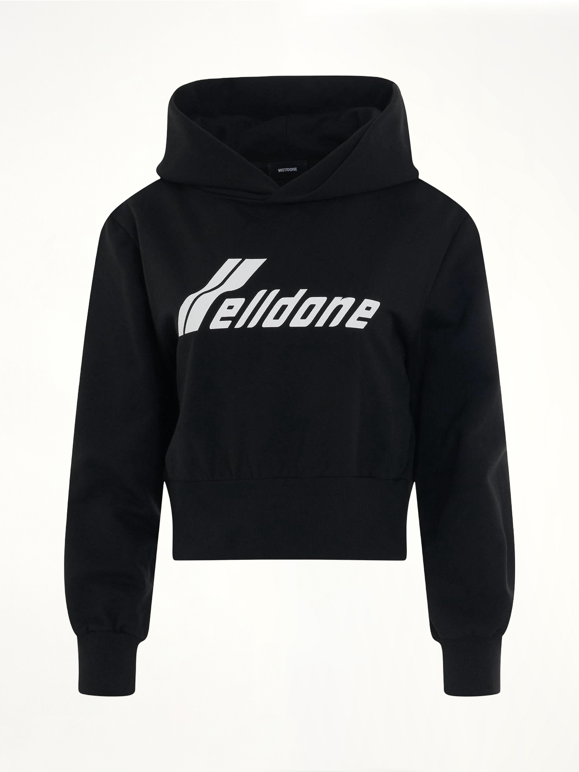 Image of a model wearing Outerwear. Productname: WE11DONE Lettering Symbol Crop Hoodie in Black colour by brand - WE11DONE