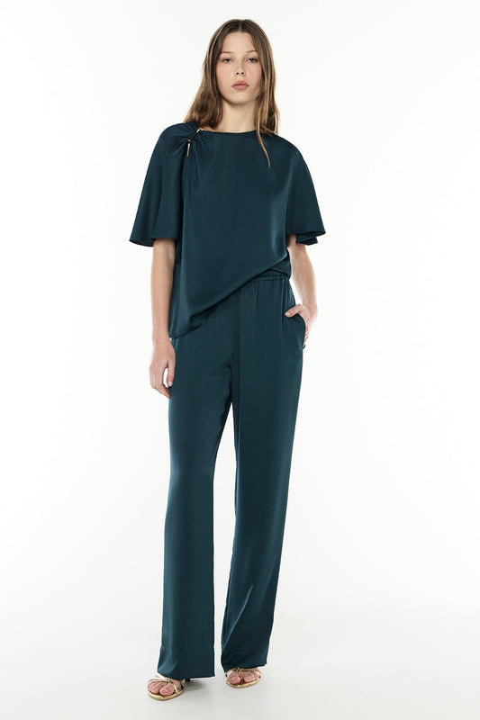 Image of a model wearing Pants. Productname: Your Song Pull On Pant in TEAL colour by brand - Manning Cartell