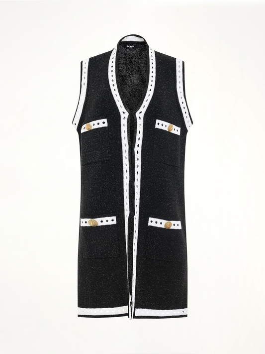 Image of a model wearing Outerwear. Productname: BALMAIN Sleeveless Lace Knit Long Cardigan in BLACK colour by brand - BALMAIN