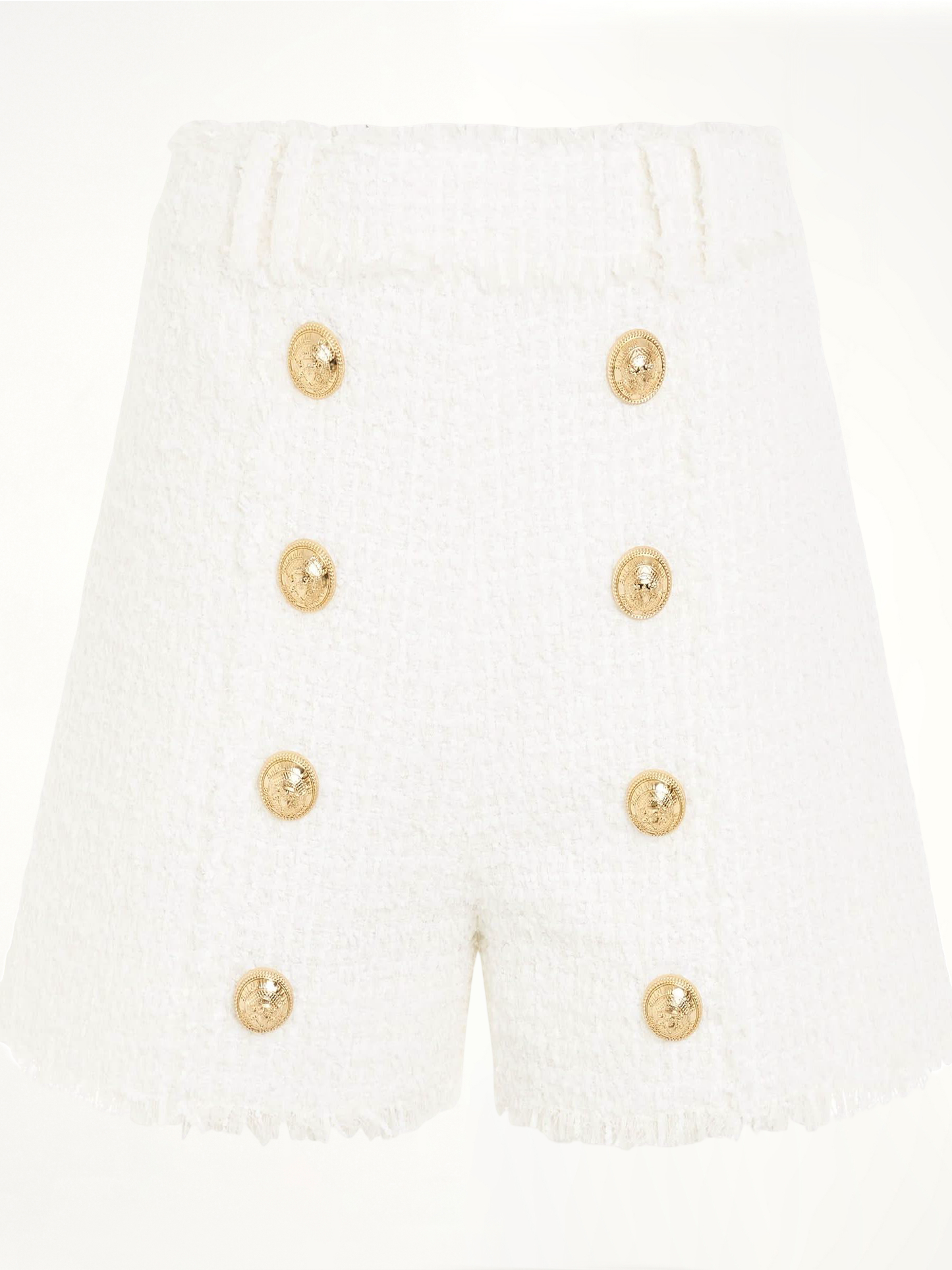 Image of a model wearing Shorts. Productname: BALMAIN High Waisted 8 Buttons Shorts in WHITE colour by brand - BALMAIN