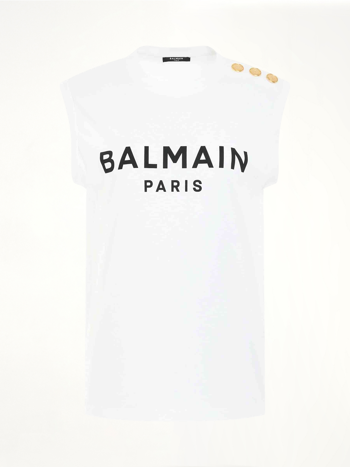 Image of a model wearing Tops. Productname: BALMAIN 3 Buttons Logo Tank Top in WHITE colour by brand - BALMAIN