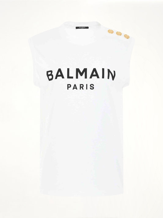 Image of a model wearing Tops. Productname: BALMAIN 3 Buttons Logo Tank Top in WHITE colour by brand - BALMAIN
