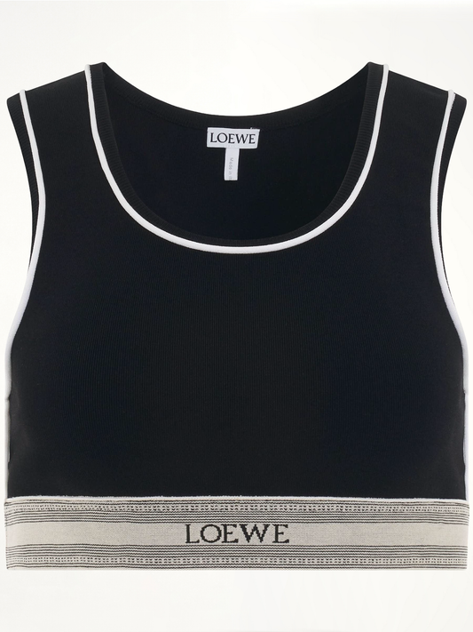 Image of a model wearing Tops. Product name - Logo Cropped Tank Top in Black colour by brand - LOEWE