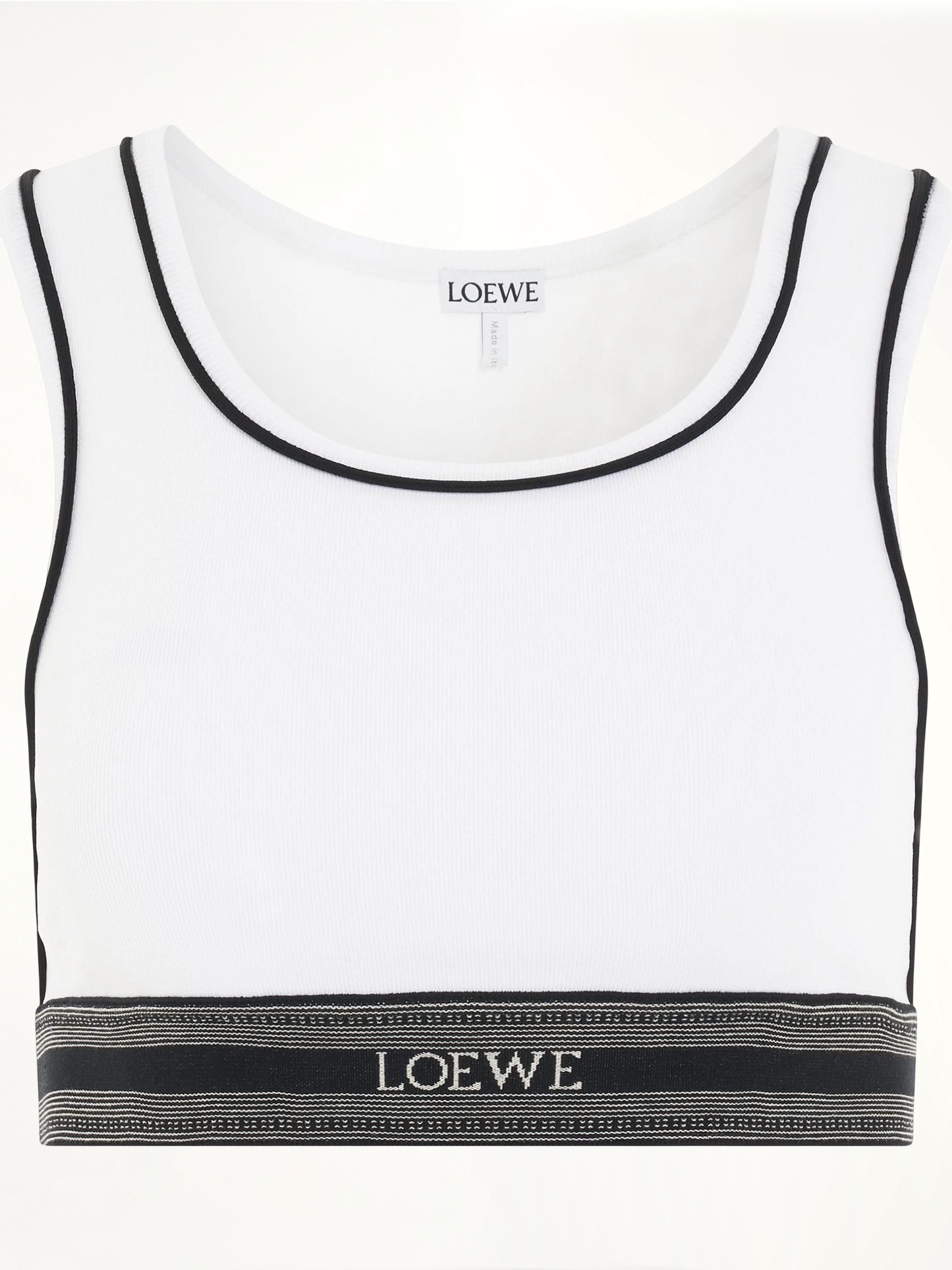Image of a model wearing Tops. Product name - Logo Cropped Tank Top in White colour by brand - LOEWE