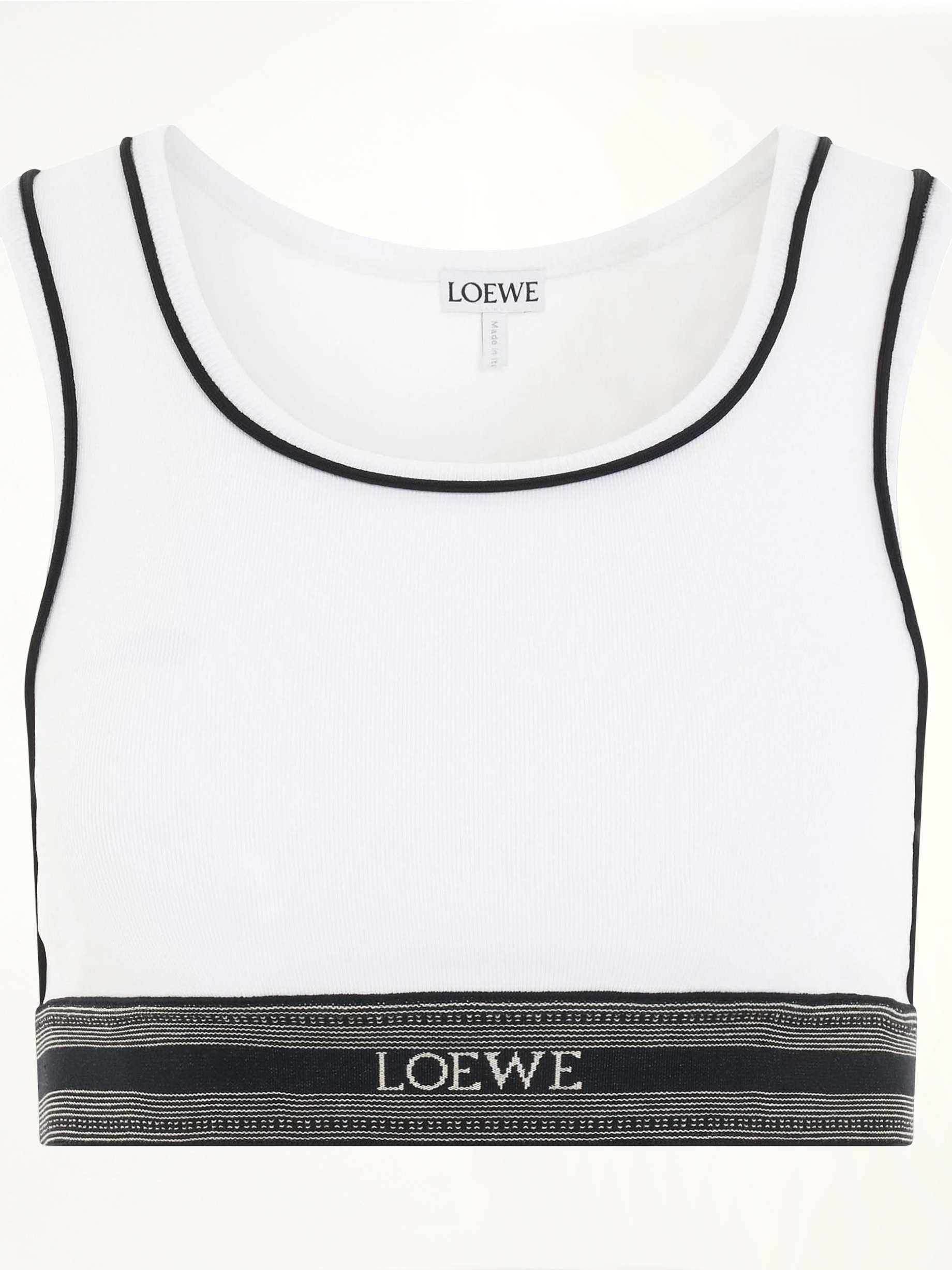 Image of a model wearing Tops. Product name - Logo Cropped Tank Top in White colour by brand - LOEWE