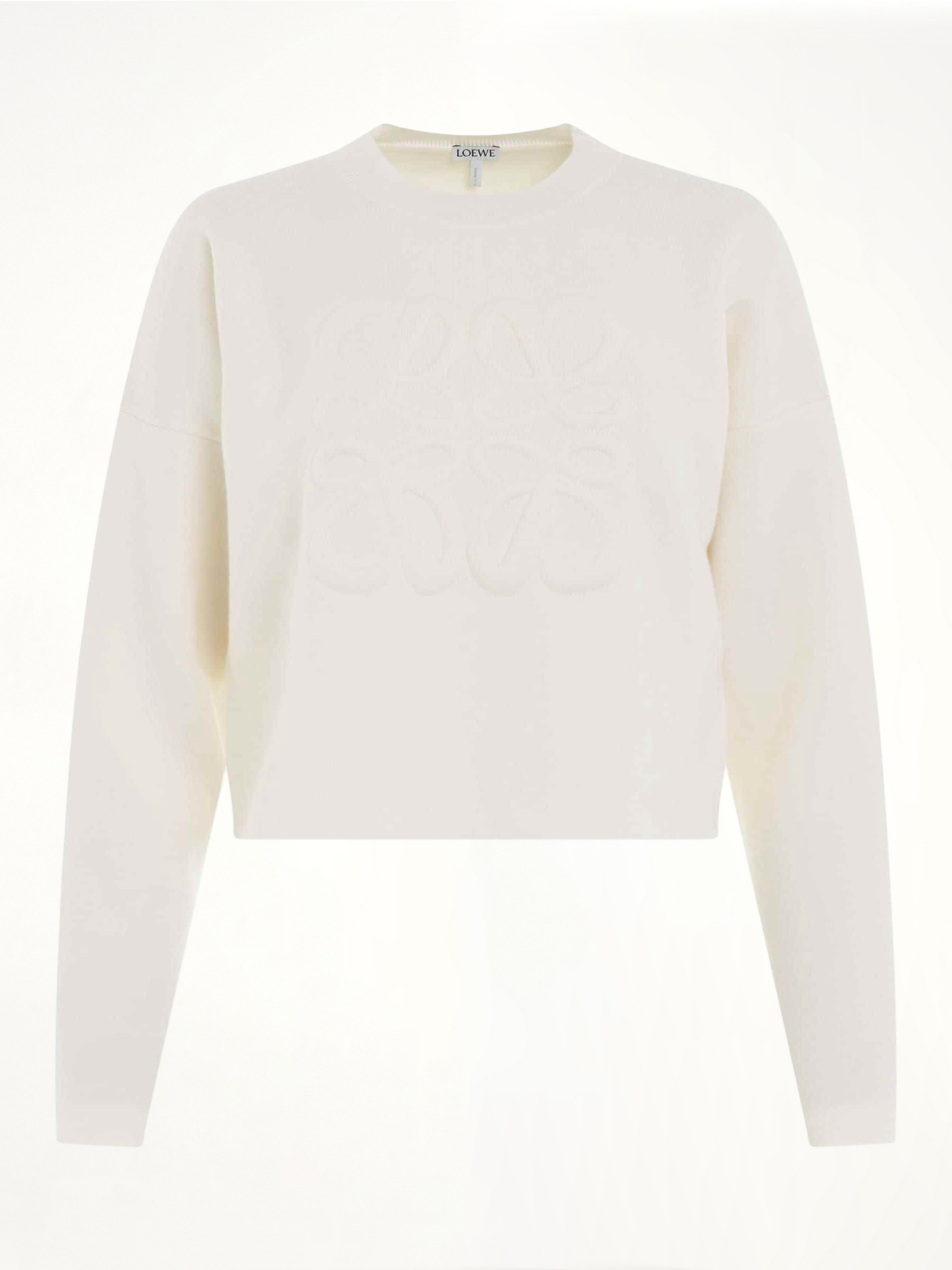 Image of a model wearing Outerwear. Productname: LOEWE Short Anagram Sweater in WHITE colour by brand - LOEWE