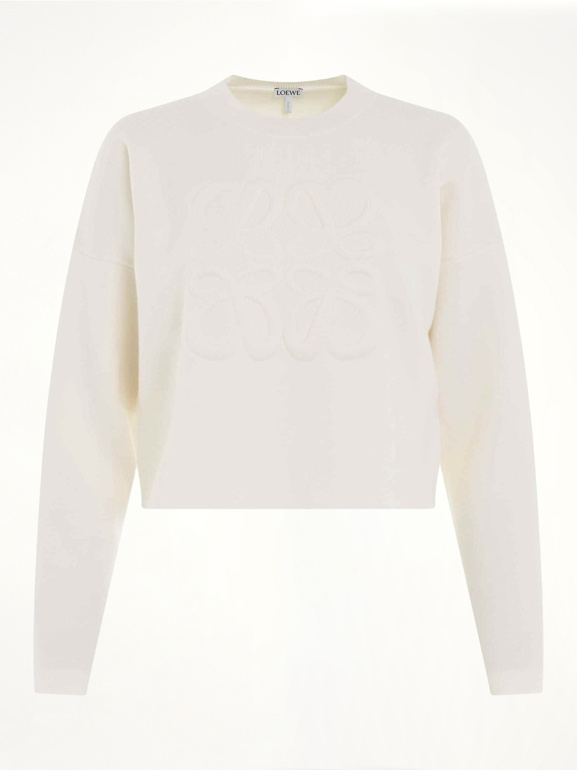 Image of a model wearing Outerwear. Productname: LOEWE Short Anagram Sweater in WHITE colour by brand - LOEWE