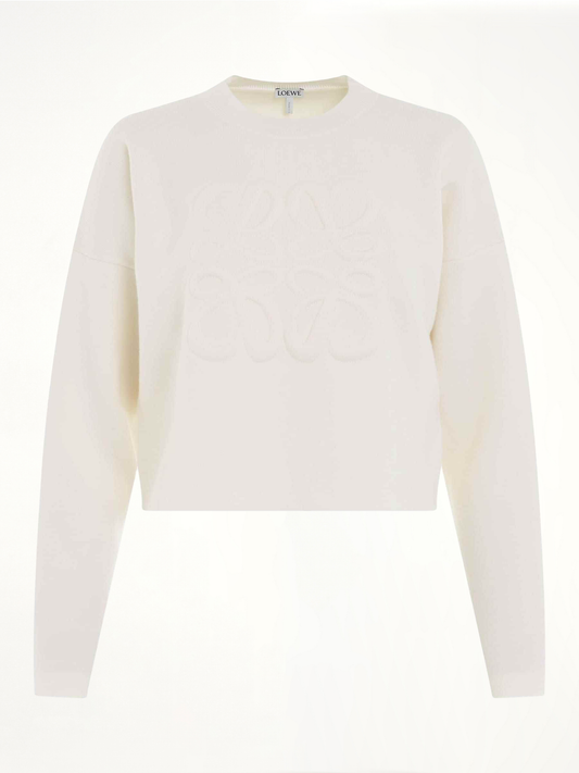 Image of a model wearing Outerwear. Productname: LOEWE Short Anagram Sweater in WHITE colour by brand - LOEWE