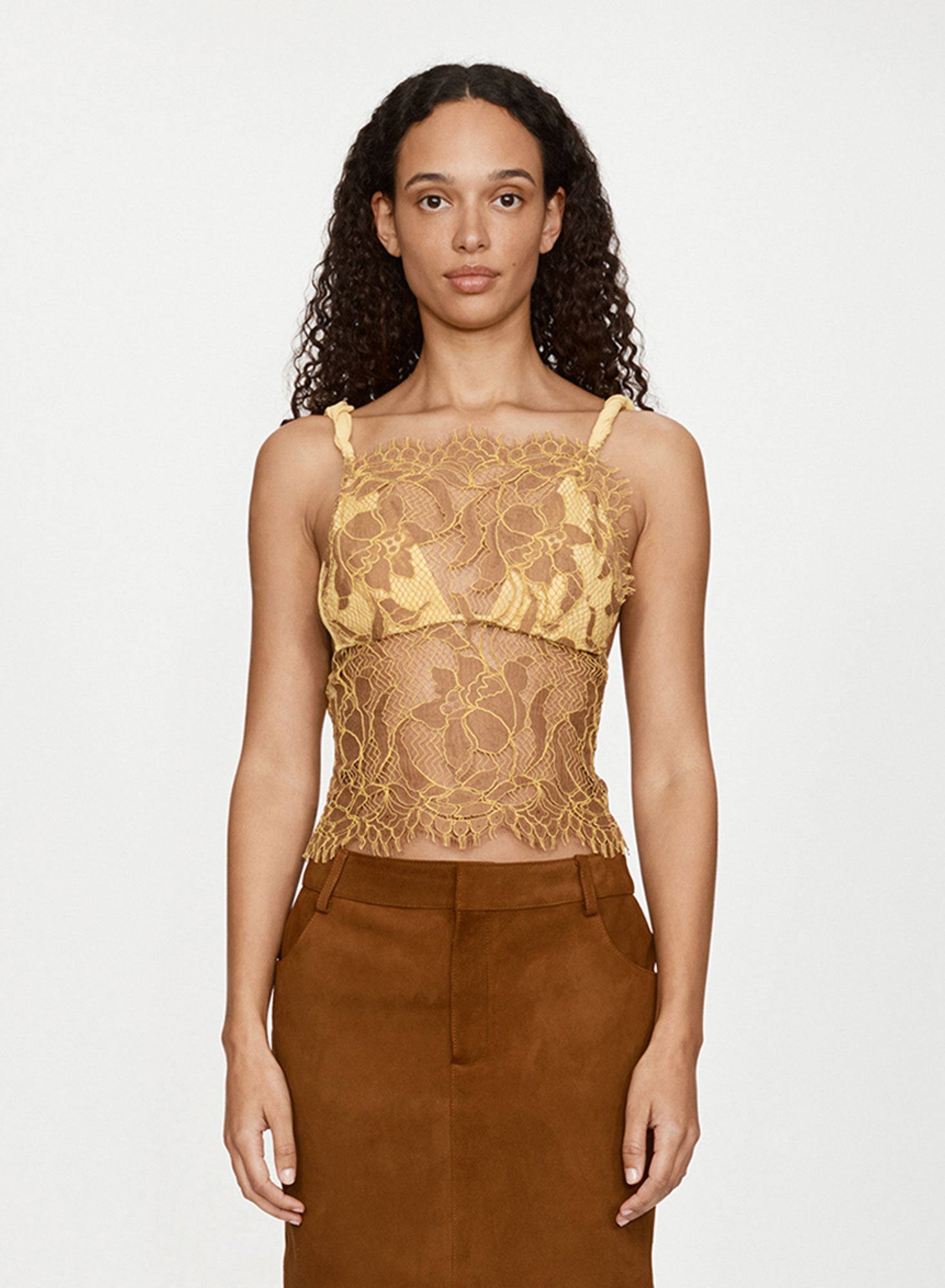 Image of a model wearing Tops. Productname: CHRISTOPHER ESBER Aluna Lace Draped Silk Cami in Zest colour by brand - CHRISTOPHER ESBER