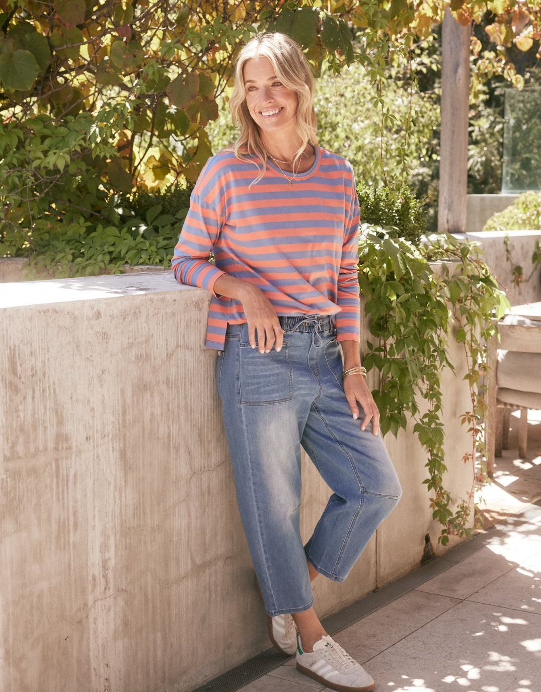 White & Co. Relaxed Long Sleeve T-Shirt (Melon/Denim Stripe)