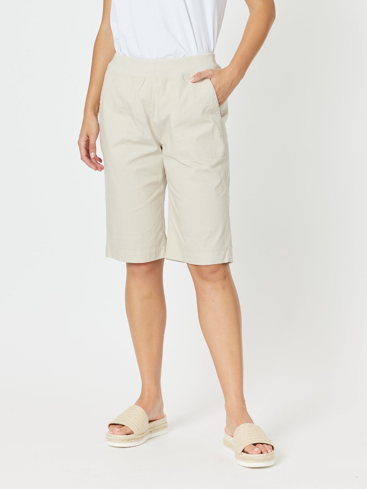 Image of a model wearing Shorts. Product name - Santorini Cotton Pull On Short Stone in Stone colour by brand - Threadz