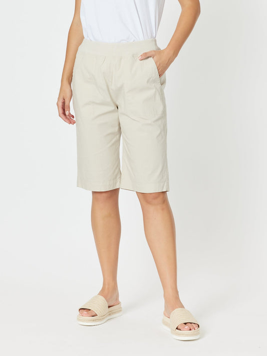 Image of a model wearing Shorts. Product name - Santorini Cotton Pull On Short Stone in Stone colour by brand - Threadz