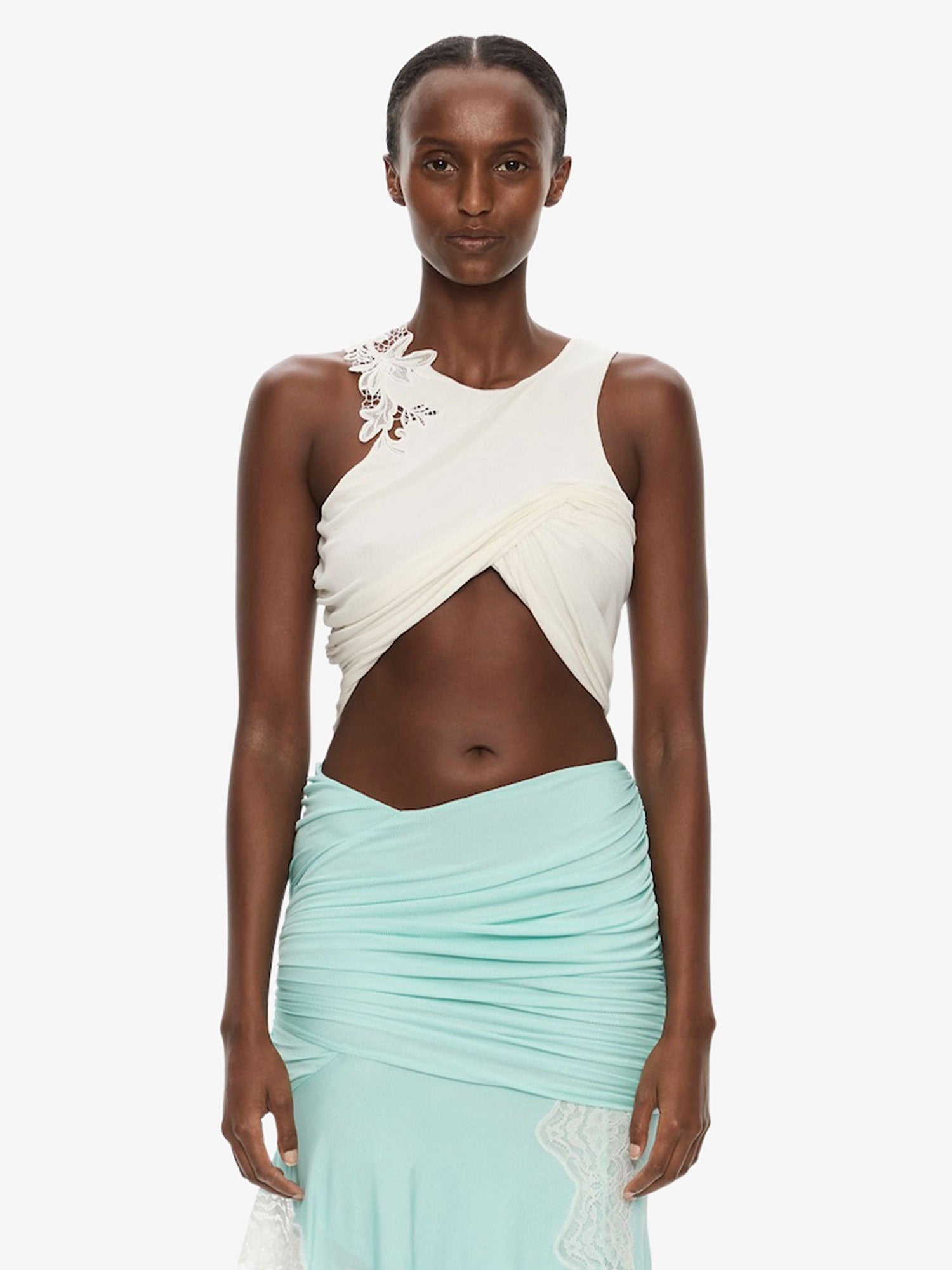 Image of Clothing Tops. Product name - Hibiscus Embroidered Fold Up Tank in White colour by brand - CHRISTOPHER ESBER
