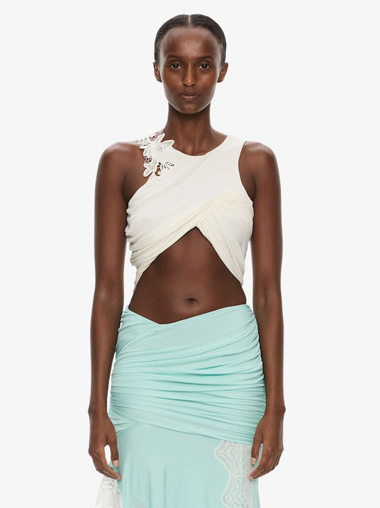 Image of Clothing Tops. Product name - Hibiscus Embroidered Fold Up Tank in White colour by brand - CHRISTOPHER ESBER