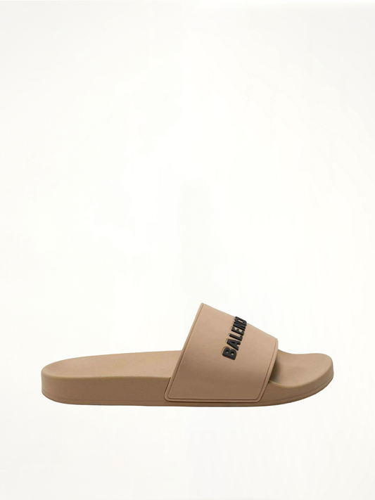 Image of Sandals. Productname: BALENCIAGA 3D Logo Rubber Pool Slide Sandal in Beige colour by brand - BALENCIAGA