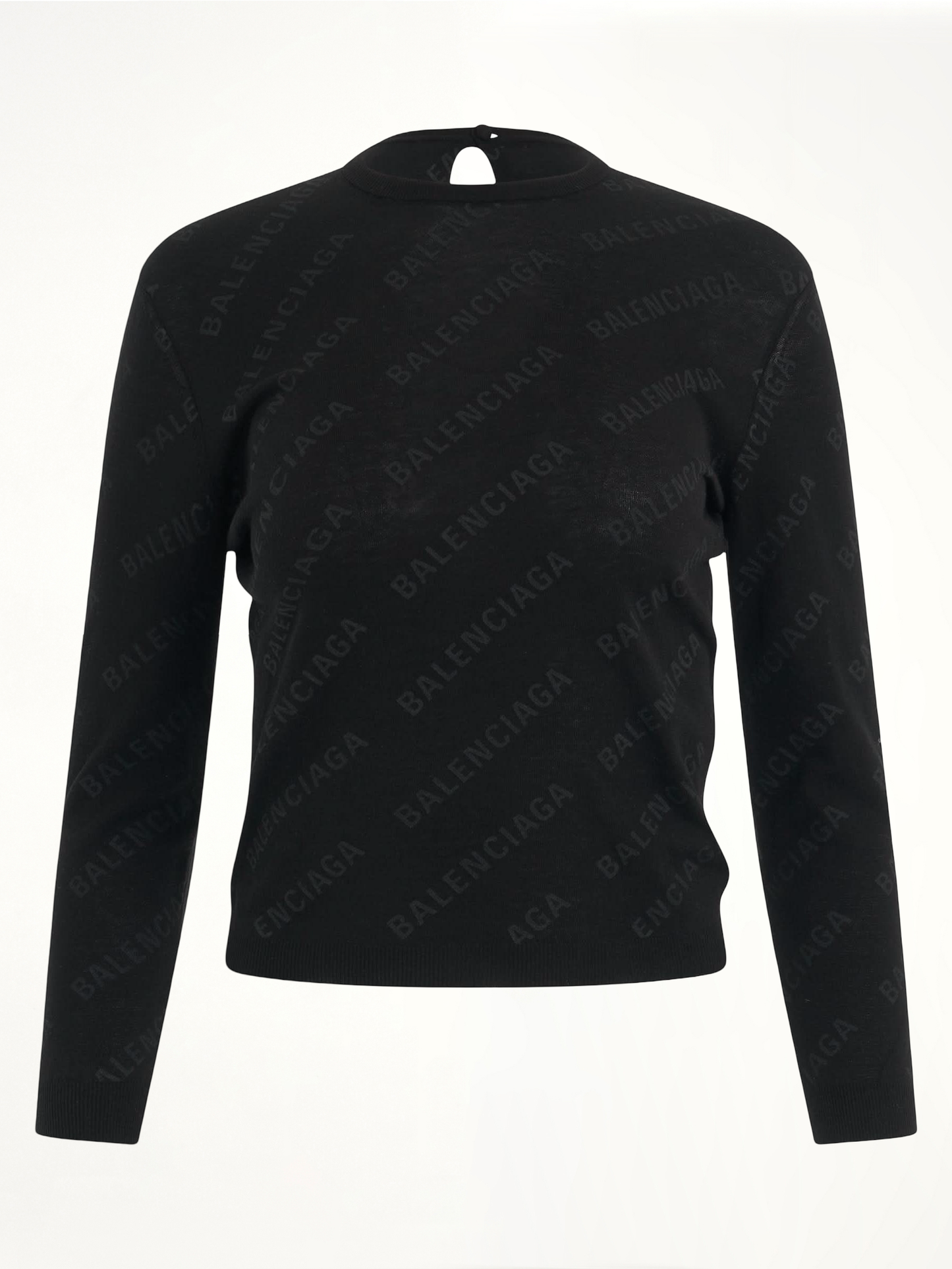 Image of a model wearing Outerwear. Productname: BALENCIAGA Allover Logo Knit Sweater in BLACK colour by brand - BALENCIAGA