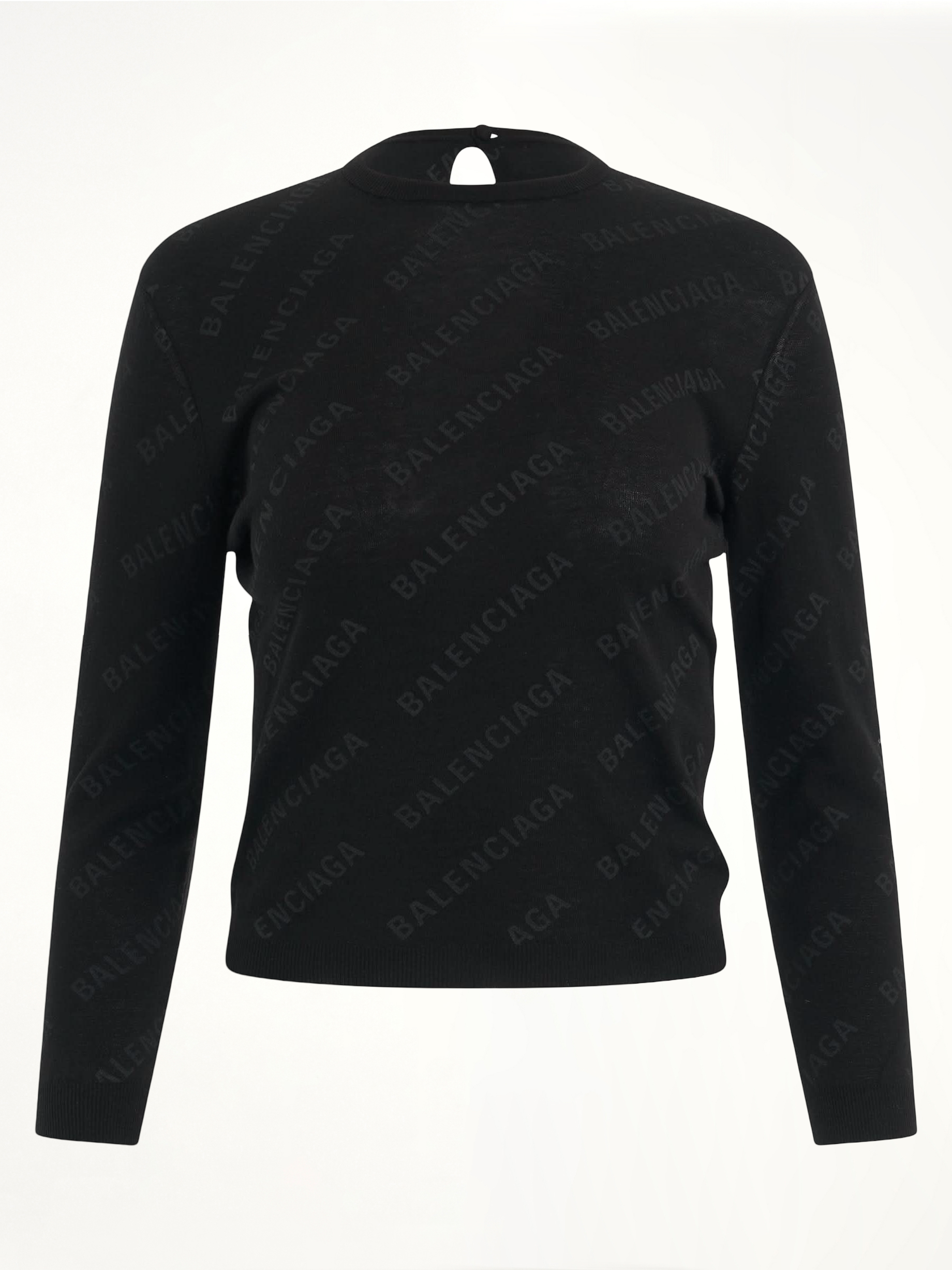 Image of a model wearing Outerwear. Productname: BALENCIAGA Allover Logo Knit Sweater in BLACK colour by brand - BALENCIAGA