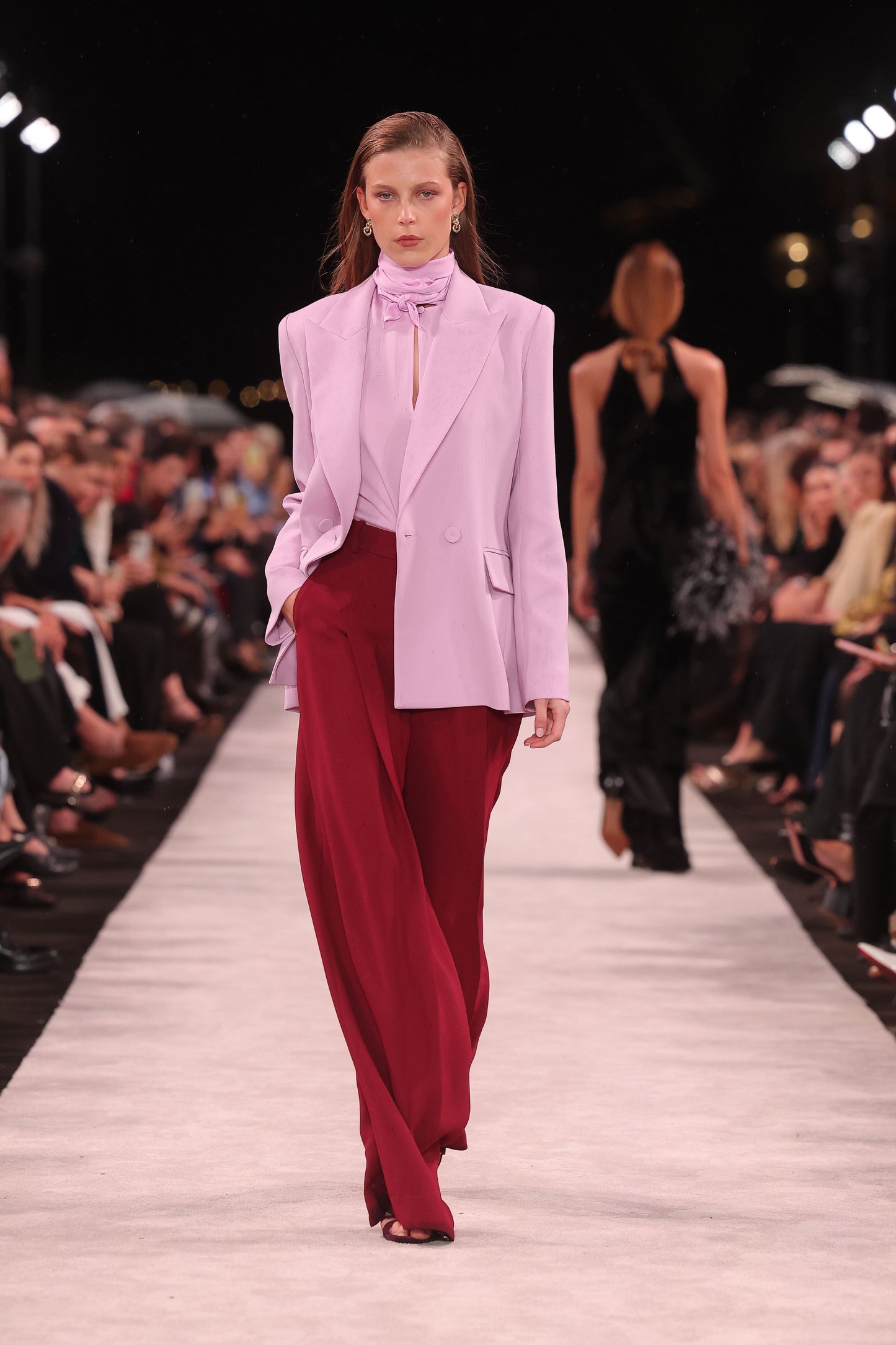 Image of Coats & Jackets. Product name - Floss Crepe Long Line Jacket in Pink colour by brand - Carla Zampatti