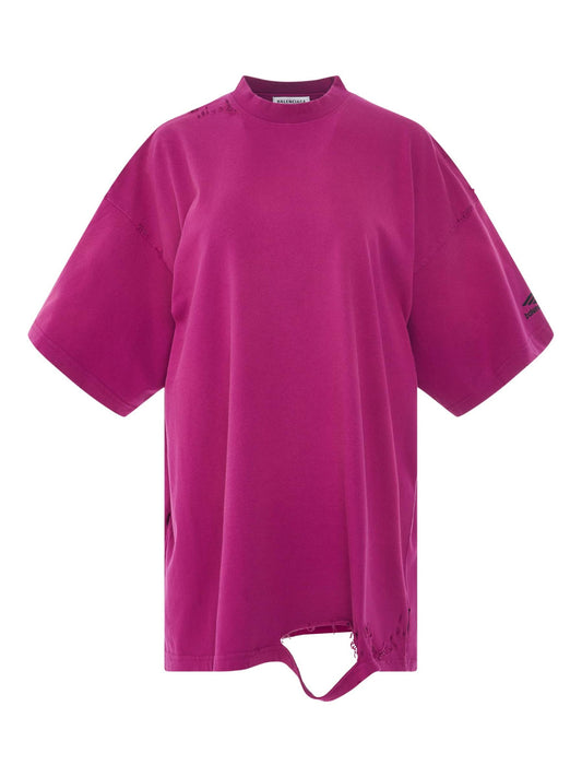 Image of a model wearing Tops. Productname: BALENCIAGA 3B Sports Icon Repaired Oversized T-Shirt in PINK colour by brand - BALENCIAGA