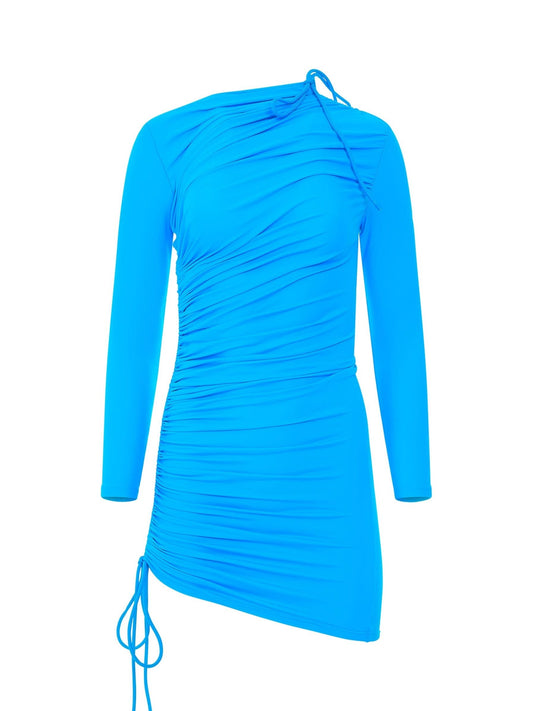 Image of a model wearing Dress. Productname: BALENCIAGA Mini Matte Spandex Dress in Cyan colour by brand - BALENCIAGA