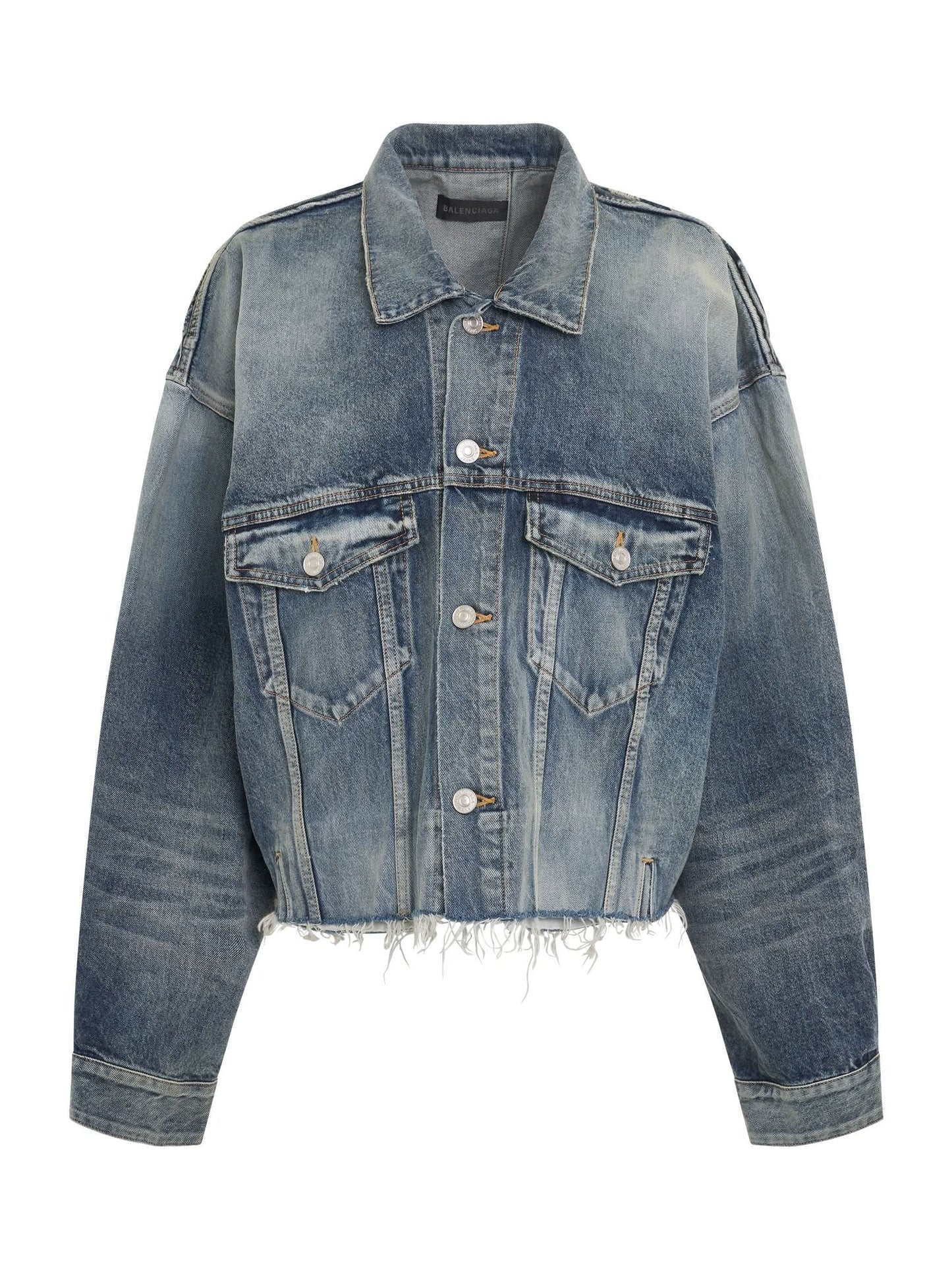 Image of a model wearing Outerwear. Productname: BALENCIAGA Deconstructed Jacket in Pale Blue colour by brand - BALENCIAGA