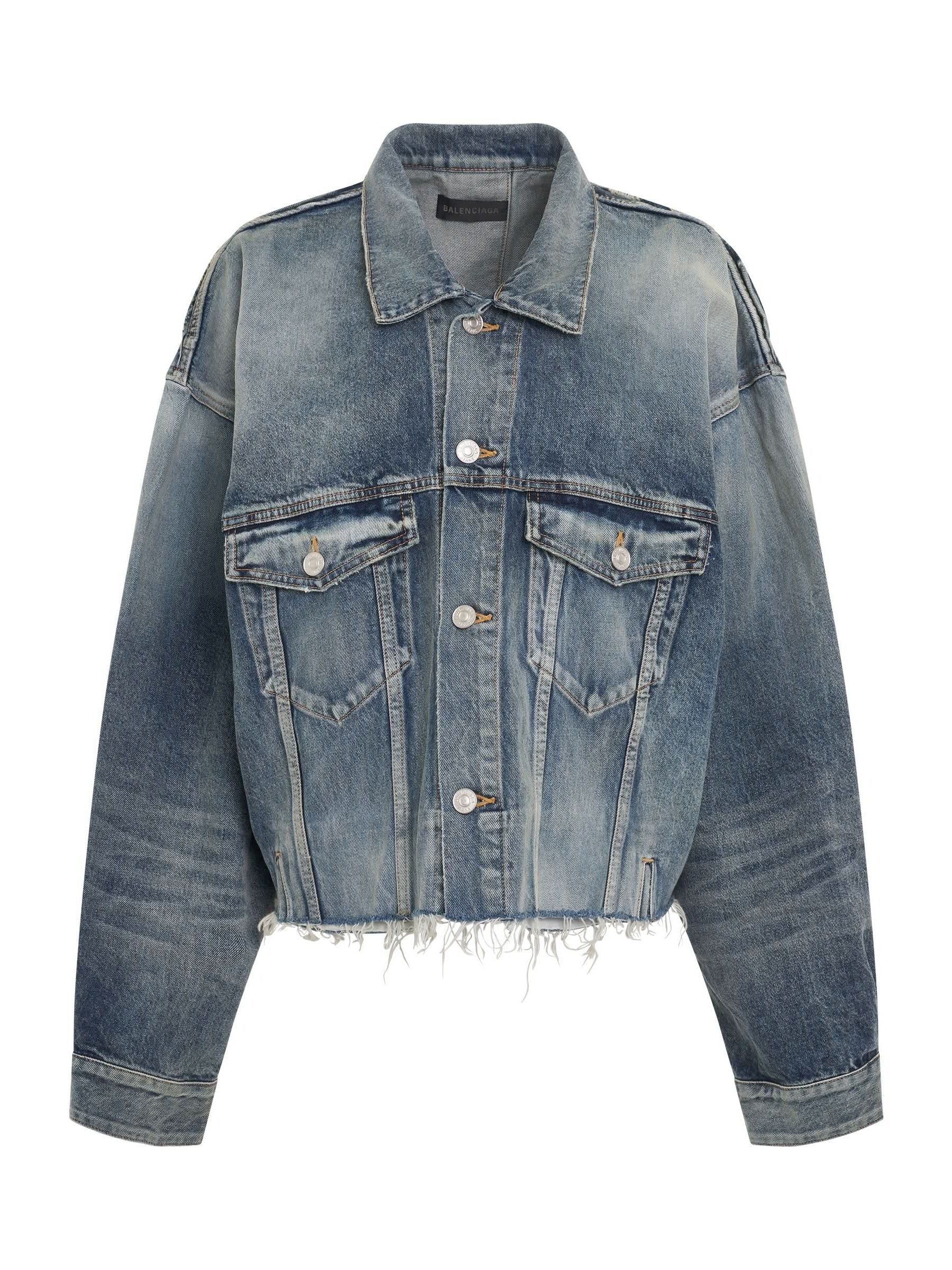 Image of a model wearing Outerwear. Productname: BALENCIAGA Deconstructed Jacket in Pale Blue colour by brand - BALENCIAGA