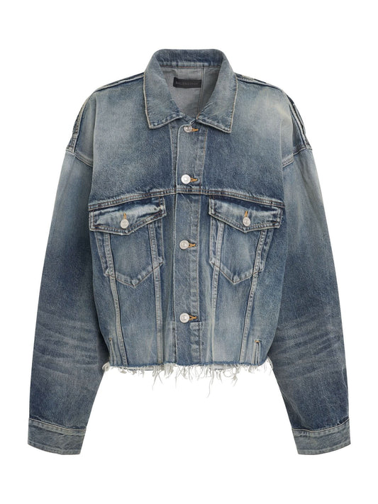 Image of a model wearing Outerwear. Productname: BALENCIAGA Deconstructed Jacket in Pale Blue colour by brand - BALENCIAGA