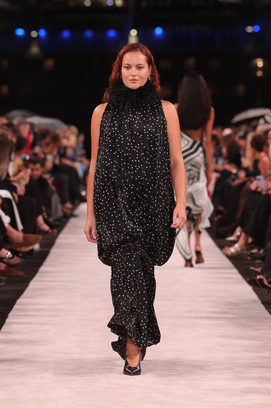 Image of Dresses. Product name - Pinspot Silk Burnout Gathered Long Dress in Black colour by brand - Carla Zampatti