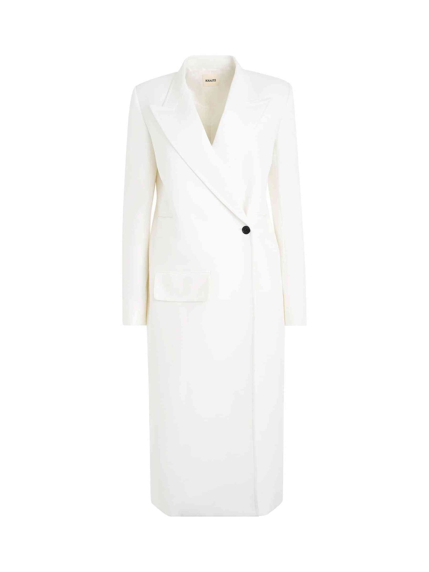Image of a model wearing Outerwear. Product name - Cobble Coat in White colour by brand - KHAITE