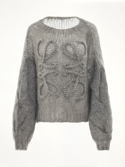 Image of a model wearing Outerwear. Product name - Anagram Mohair Sweater in Grey colour by brand - LOEWE