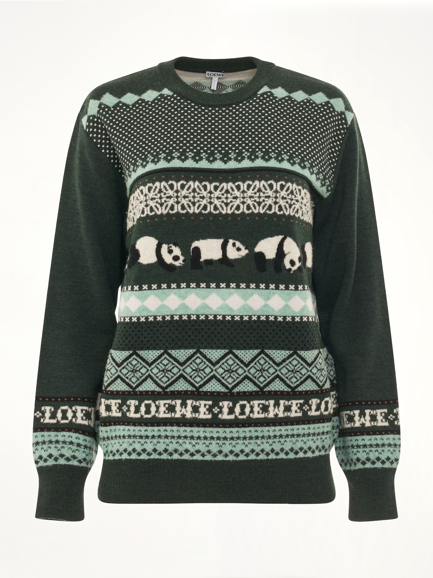 Image of a model wearing Outerwear. Productname: LOEWE Suna Fujita Panda Knit Sweater in GREEN colour by brand - LOEWE