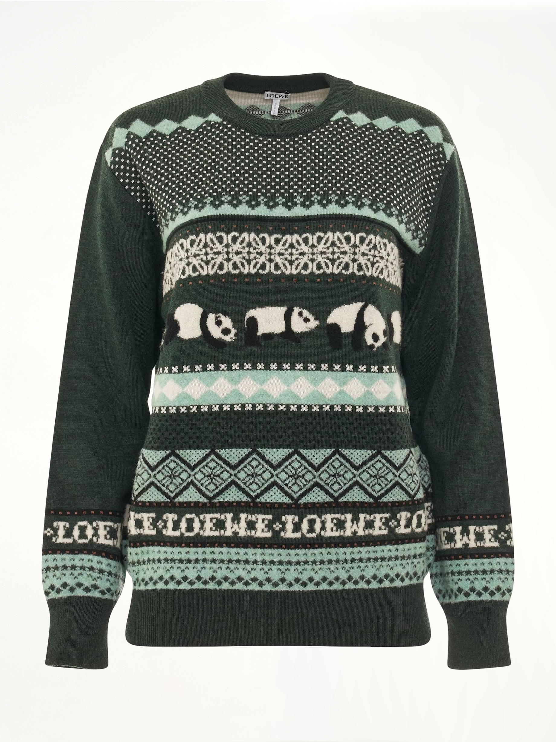Image of a model wearing Outerwear. Productname: LOEWE Suna Fujita Panda Knit Sweater in GREEN colour by brand - LOEWE