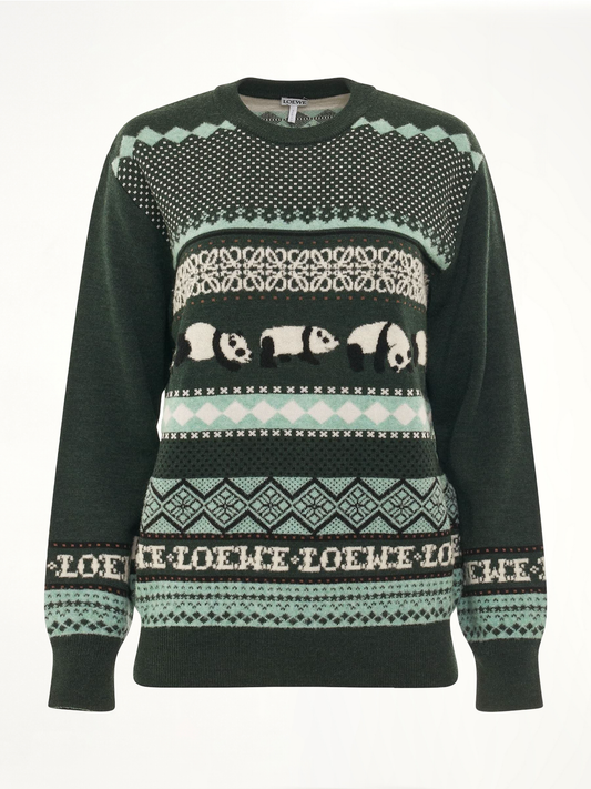 Image of a model wearing Outerwear. Productname: LOEWE Suna Fujita Panda Knit Sweater in GREEN colour by brand - LOEWE
