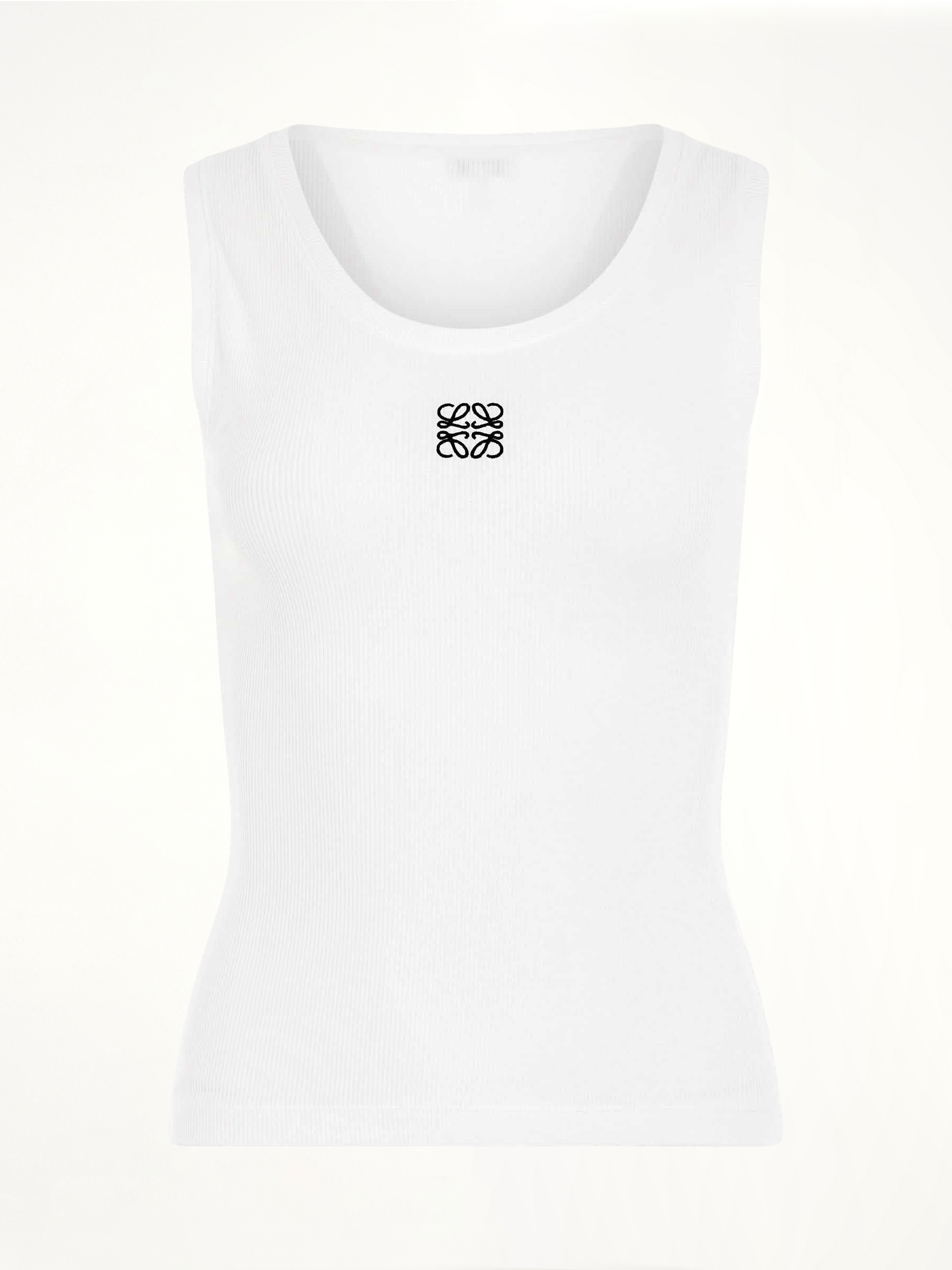 Image of a model wearing Tops. Product name - Anagram Embroidered Tank Top in White colour by brand - LOEWE