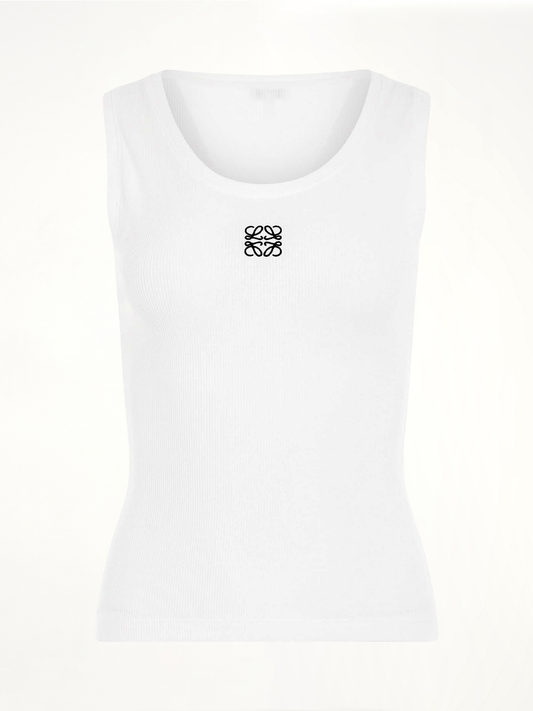 Image of a model wearing Tops. Product name - Anagram Embroidered Tank Top in White colour by brand - LOEWE