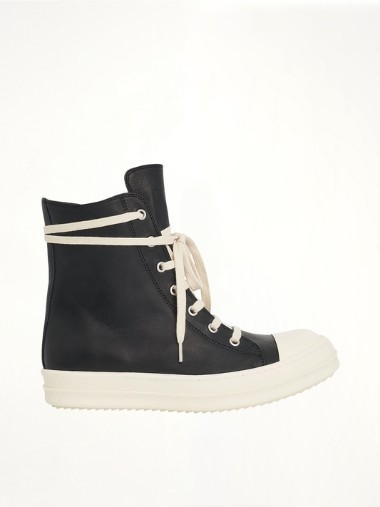 Image of Sneakers. Product name - Washed Calf High Sneaker in Black colour by brand - RICK OWENS
