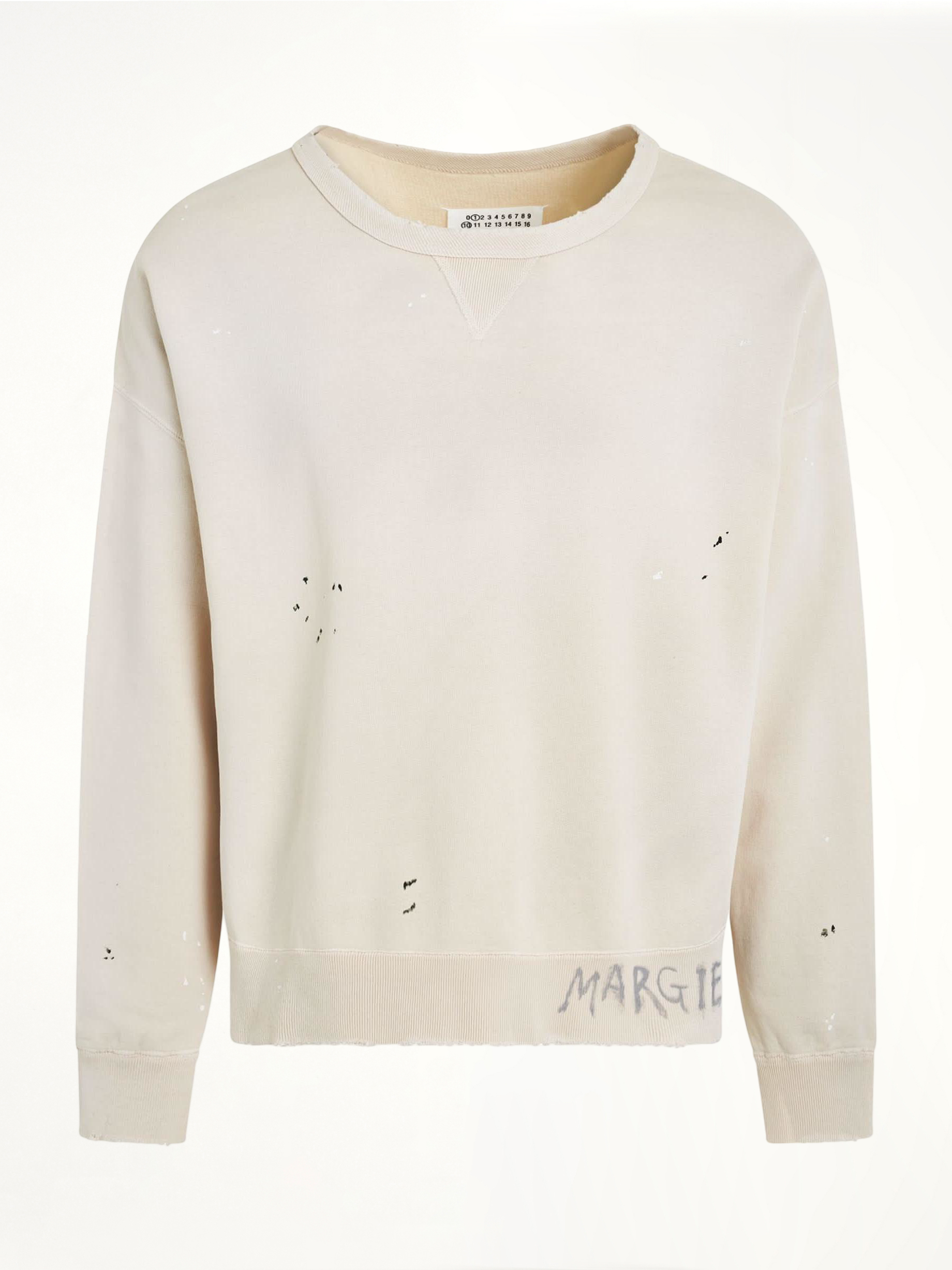 Image of a model wearing Outerwear. Product name - Open Neck Logo Sweatshirt in White colour by brand - MAISON MARGIELA